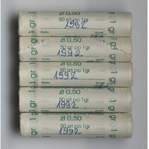 5 x Rulon bankowy, 1 grosz 1992 (250 szt.)