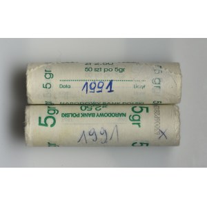 2 x Rulon bankowy, 5 groszy 1991 (100 szt.)