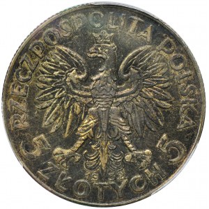 Głowa Kobiety, 5 złotych Warszawa 1932 - PCGS AU55 - RZADKIE, ze znakiem