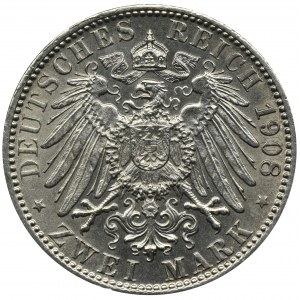 Niemcy, Wirtembergia, Wilhelm II, 2 marki Stuttgart 1908 F - bardzo ładne