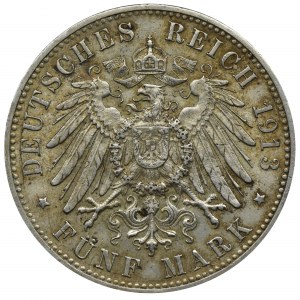 Niemcy, Wirtembergia, Wilhelm II, 5 marek Stuttgart 1913 F