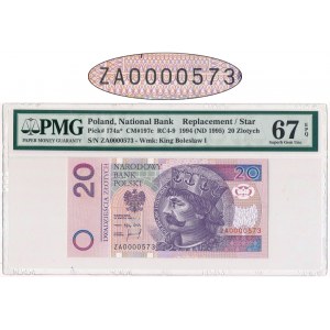 20 złotych 1994 - ZA 0000573 - PMG 67 EPQ - seria zastępcza - niski numer seryjny