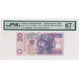 20 złotych 1994 - ZA 0000565 - PMG 67 EPQ - seria zastępcza - niski numer seryjny