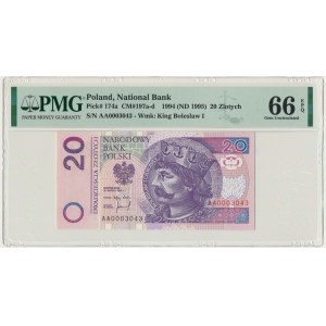 20 złotych 1994 - AA - PMG 66 EPQ - niski numer seryjny