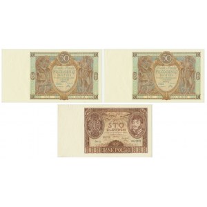 Zestaw banknotów 50 złotych 1929 (2 szt.) oraz 100 złotych 1934 (1 szt.)