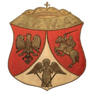 Herb Polski, Litwy I Rusi, haft nicią metalową, litery Z.P.W.A.; 42 x 30 cm.