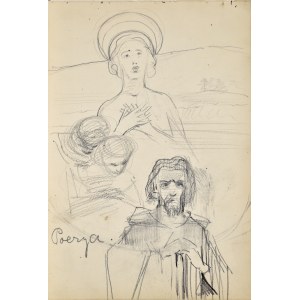 Włodzimierz Tetmajer (1861 - 1923), Popiersie młodej kobiety na tle pejzażu z opisem „Poezya” oraz szkic mężczyzny, ok. 1900