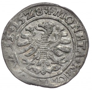 Zygmunt I Stary, grosz 1528, Kraków. Podwójnie nabita litera O w POLONIE