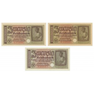 Niemcy, zestaw 20 Reichsmark (1939-44) (3 szt.)