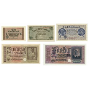 Niemcy, zestaw nominałowy pieniędzy okupacyjnych 1-50 marek (1940-1945) (5 szt.)