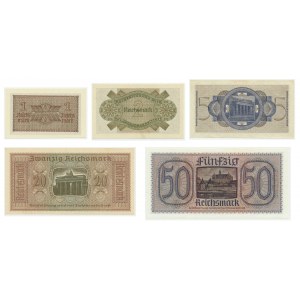 Niemcy, zestaw nominałowy pieniędzy okupacyjnych 1-50 marek (1940-1945) (5 szt.)