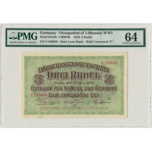 Poznań, 3 ruble 1916 - U - krótka klauzula - PMG 64