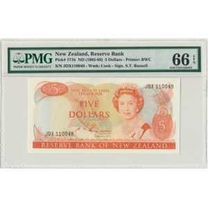 Nowa Zelandia, 5 dolarów (1985-89) - PMG 66 EPQ - podpis Russel