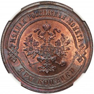 Rosja, Aleksander III, 3 Kopiejki Petersburg 1881 СПБ - NGC MS64 RB