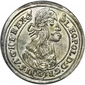 Węgry, Leopold I, 15 Krajcarów Kremnica 1676 KB - PCGS MS63