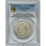 Węgry, Leopold I, 15 Krajcarów Kremnica 1676 KB - PCGS MS63