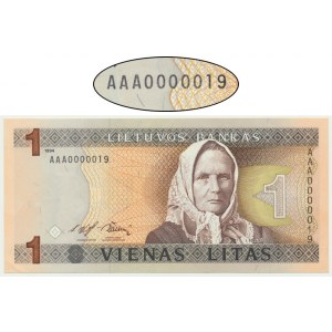 Lithuania, 1 lit 1994 - AAA 0000019 - LOW SERIAL NUMBER