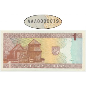 Lithuania, 1 lit 1994 - AAA 0000019 - LOW SERIAL NUMBER