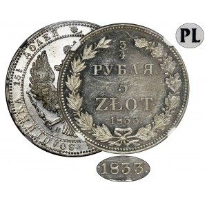 3/4 rouble = 5 zloty Petersburg 1833 НГ - NGC MS62 PROOF LIKE - RARE