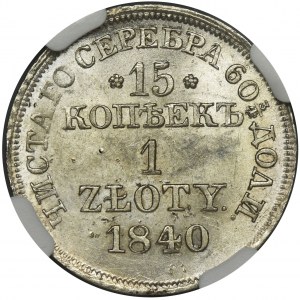 15 kopiejek = 1 złoty Warszawa 1840 MW - NGC MS63 - PIĘKNY