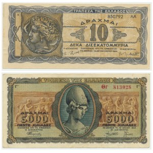 Grecja, zestaw 10 i 5.000 drachm 1943-44 (2 szt.)