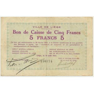 Francja (Liege), bon na 5 franków 1914