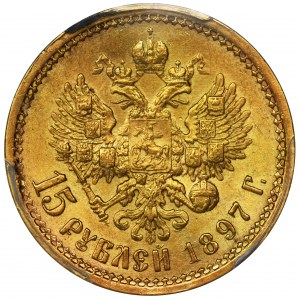 Rosja, Mikołaj II, 15 Rubli Petersburg 1897 AГ - PCGS MS63