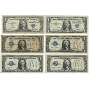 USA, zestaw 1 dolar 1928-1957 (6 szt.) - niebieskie pieczęcie