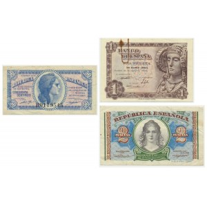 Hiszpania, zestaw 50 centimos, 1-2 peset 1937-48 (3 szt.)