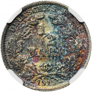 Niemcy, Królestwo Prus, Wilhelm II, 1/2 marki Stuttgart 1915 F - NGC MS65