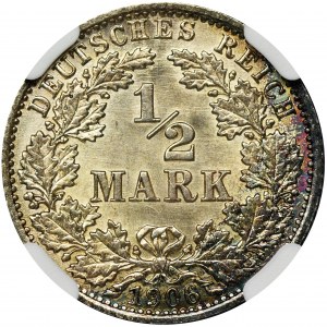Niemcy, Królestwo Prus, Wilhelm II, 1/2 marki Berlin 1906 A - NGC MS64