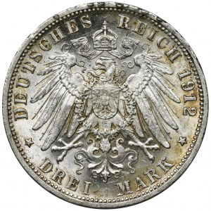 Germany, Württemberg, Wilhelm II, 3 Mark Stuttgart 1912 F