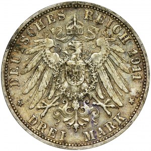 Germany, Wirtemberg, Wilhelm II, 3 Mark Stuttgart 1911 F