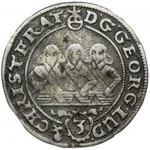 Śląsk, Księstwo Legnicko-Brzesko-Wołowskie, Jerzy III Brzeski, Ludwik IV Legnicki i Krystian Wołowsko-Oławski, 3 Krajcary 1657 EW