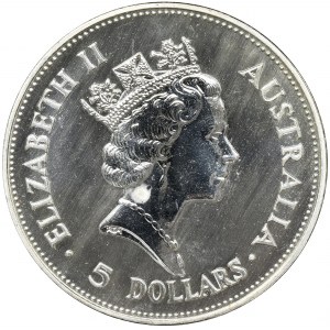Australia, Elżbieta II, 5 Dolarów 1990 - Kukabura