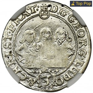 Śląsk, Księstwo Legnicko-Brzesko-Wołowskie, Jerzy III Brzeski, Ludwik IV Legnicki i Krystian Wołowsko-Oławski, 3 Krajcary Brzeg 1655 - NGC MS63