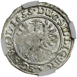 Śląsk, Księstwo Legnicko-Brzesko-Wołowskie, Jerzy III Brzeski, Ludwik IV Legnicki i Krystian Wołowsko-Oławski, 3 Krajcary Brzeg 1655 - NGC MS63