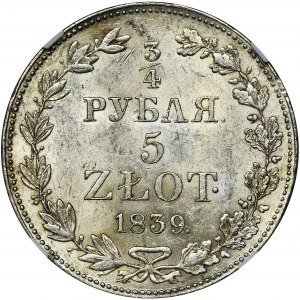 3/4 rubl = 5 zloty Warsaw 1839 MW - NGC MS62
