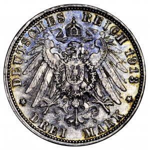 Niemcy, Bawaria, 3 marki 1913 D - bardzo ładne, rzadki rocznik