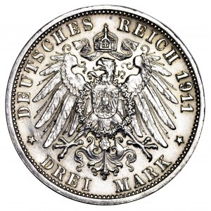 Niemcy, Wirtembergia, 3 marki 1911 F, 25 rocznica ślubu - śliczne