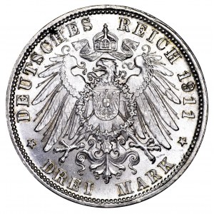 Niemcy, Bawaria, 3 marki 1911 D, 90 rocznica urodzin regenta Luitpolda - piękne