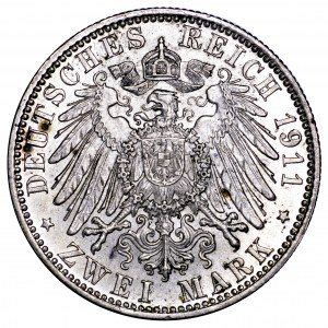 Niemcy, Bawaria, 2 marki 1911 D, 90 rocznica urodzin regenta Luitpolda - piękne