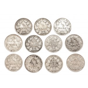 Niemcy, Cesarstwo Niemieckie 1871-1918, zestaw 11 monet 1/2 marki.