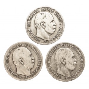 Niemcy, Cesarstwo Niemieckie 1871-1918, Prusy, Wilhelm I 1861 - 1888, zestaw 3 monet, 2 marki B, Hanower.