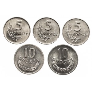 Polska, PRL 1944-1989, zestaw 5 drobnych monet obiegowych