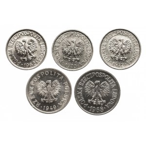 Polska, PRL 1944-1989, zestaw 5 drobnych monet obiegowych
