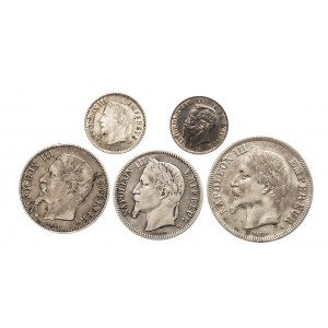 Francja, zestaw monet Napoleona III - 5 sztuk