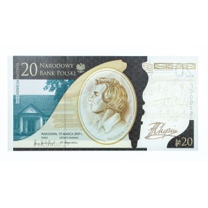 Polska, Rzeczpospolita od 1989 r., NBP - banknot kolekcjonerski, 20 złotych, 200 rocznica urodzin Fryderyka Chopina, Warszawa 2009.