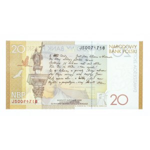 Polska, Rzeczpospolita od 1989 r., NBP - banknot kolekcjonerski, 20 złotych, 200 rocznica urodzin Juliusza Słowackiego, Warszawa 2009.