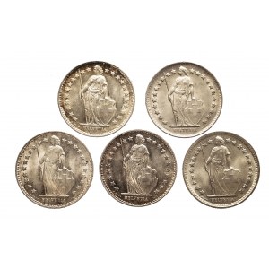 Szwajcaria, zestaw pięciu monet 1/2 franka, srebro.